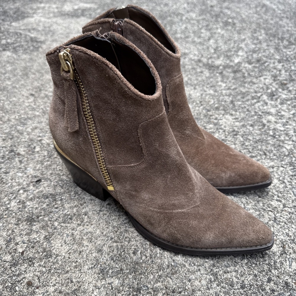 Guess Gwnalony Ankle Boots Womens 9 M Taupe Brown Suede Leather Gold Hardware